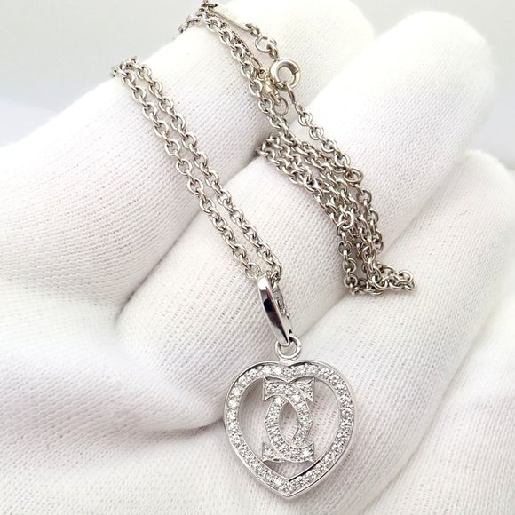 Authentic! Cartier Double C Heart 18k White Gold Diamond Pendant Necklace - Picture 9 of 11